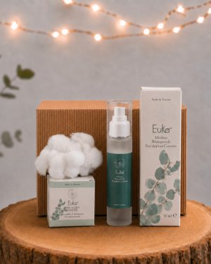 Idea Regalo Coccola Delicata per viso e corpo – Euka - sapone viso e corpo - idrolato di eucalipto - batuffolo di cotone