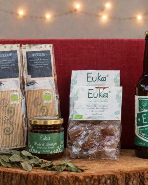Idea regalo con prodotti biologici - birra euka - caramelle - miele di eucalipto - tris di tisane bio assortite natura in tazza – Oligea Premium