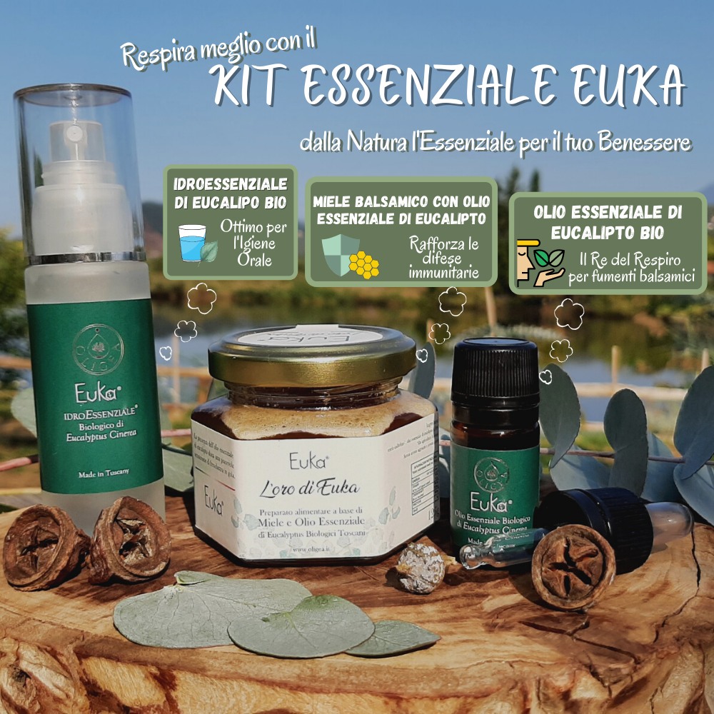 kit essenziale oligea boccetta con olio essenziale di eucalipto – idroessenziale di eucalipto spray collutorio naturale – vasetto di miele balsamico - rimedi naturali contro raffreddore mal di gola difese immunitarie
